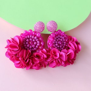 Fuchsia Flower Beaded Earrings: Handmade Magenta Tassel Statement Jewelry