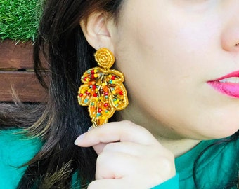 Beaded Maple Leaf Earrings: Autumn Rhinestone Statement Jewelry