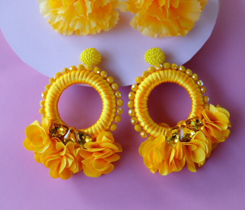 Large Yellow Crystals Oversize Hoop Yellow Bead Bridesmaid Jewelry Floral Yellow Hoop Earrings Big Beaded Yellow Flowers Statement Earrings