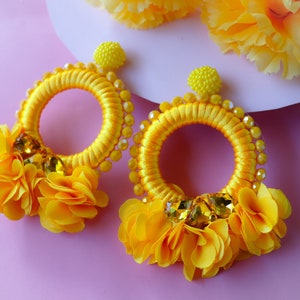 Floral Yellow Hoop Earrings Big Beaded Yellow Flowers Statement Earrings, Large Yellow Crystals Oversize Hoop Yellow Bead Bridesmaid Jewelry