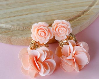 Floral Tassel Earrings: Rose Gold Crystal Flower, Coral Jewelry