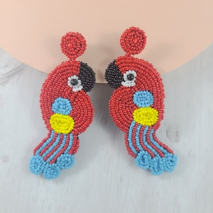 Beaded Bird Earrings, Beaded Parrot Earrings, Beaded Animal Jewelry, Beads Embroidered Jewelry, Beadwork Statement Earring, Tropical Earring