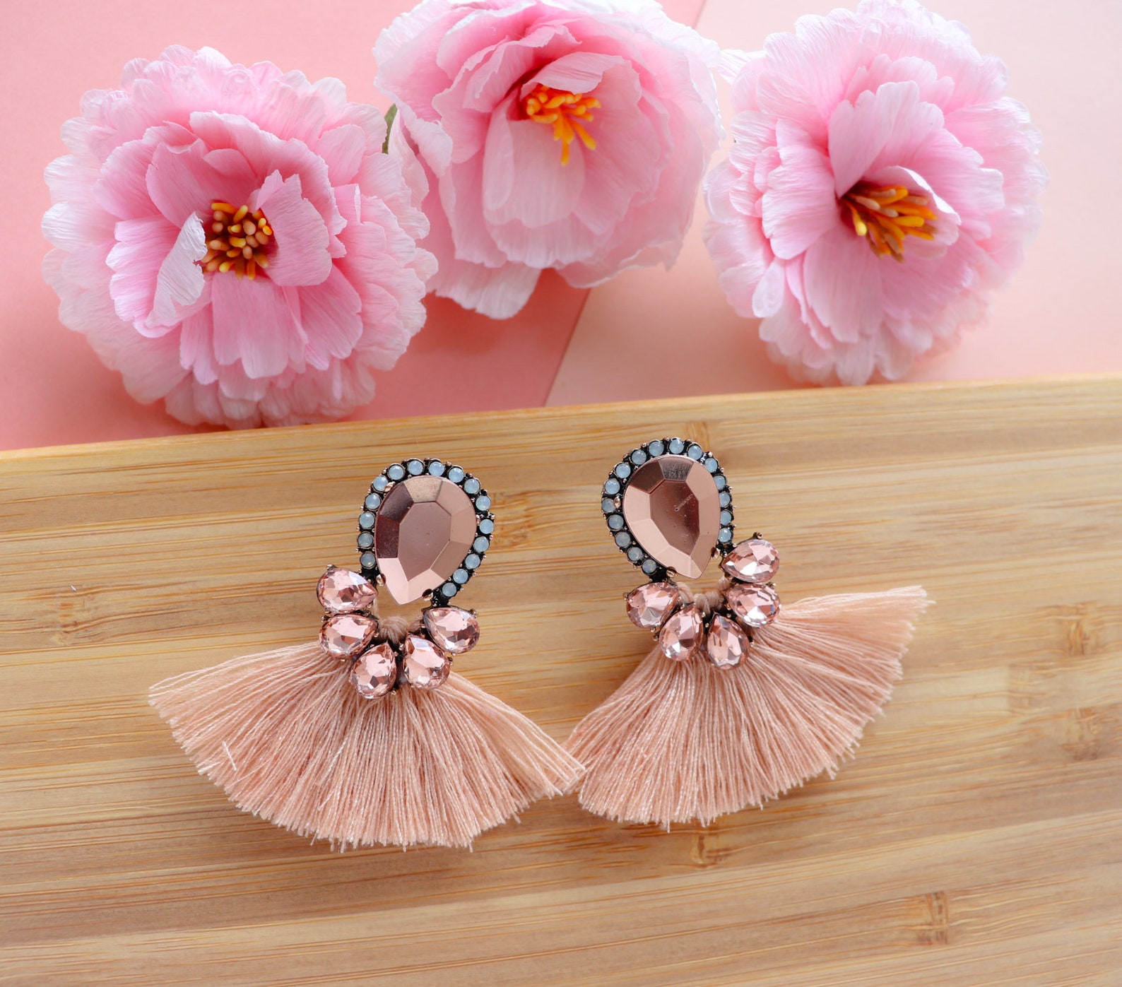 Pink Tassel Earrings Rhinestone Teardrop Earrings Tassel Etsy Canada