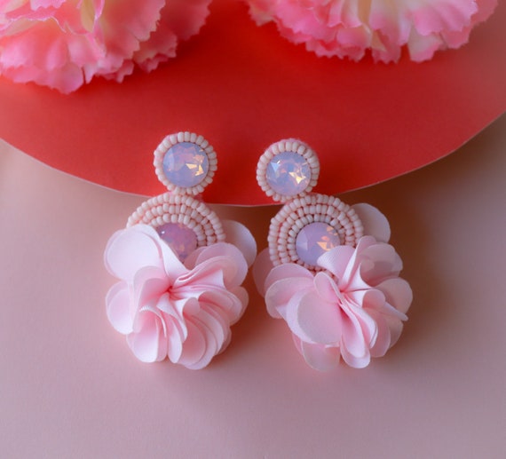 Scarlet Chinese Red Circle Beaded Floral Rhinestone Earrings