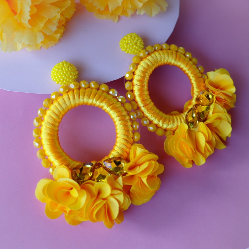 Large Yellow Crystals Oversize Hoop Yellow Bead Bridesmaid Jewelry Floral Yellow Hoop Earrings Big Beaded Yellow Flowers Statement Earrings