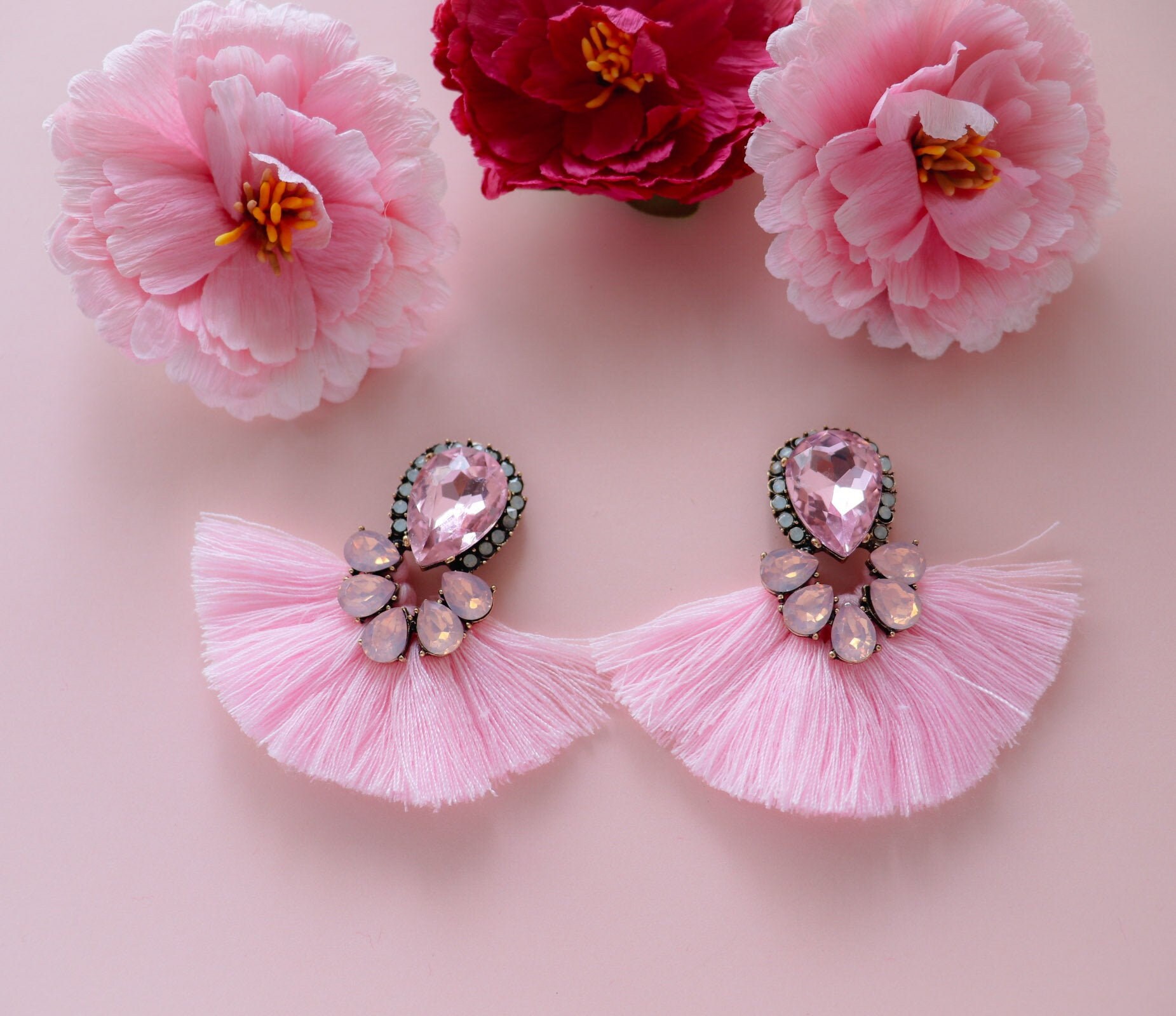 Pink Tassel Earrings, Rhinestone Teardrop Earrings, Tassel Stud Drop