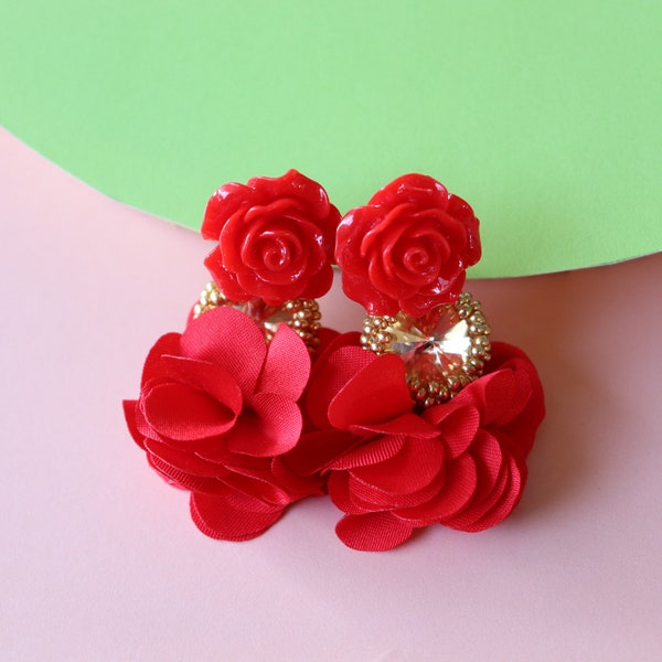 Red Pink Flower Beaded Crystal Tassel Earrings, Carmine Bridesmaid Jewelry, Chinese Red Scarlet Floral Statement Earrings, Candy Apple Red