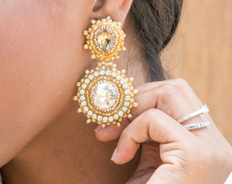 Gold Beaded Bridal Earrings: Rhinestone Crystal Victorian Jewelry