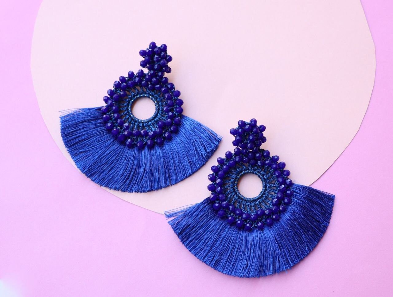 Navy Blue Crochet Earrings, Seed Bead Ring Tassel Hoop Earrings Round