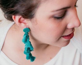 Turquoise Tassel Cluster Earrings: Beaded Cotton Fringe Dangler
