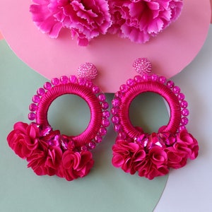 Fuchsia Floral Hoops, Hot Pink Beaded Big Large Oversize Flower Statement Earrings, Gray Beadwork Boho Bridal Bridesmaids Wedding For Bride