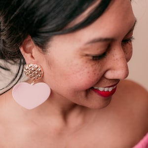 Acrylic Heart Shape Drop Earrings, Heart 80s Vintage Retro Gold Metal Button Cabochon Statement Earrings, Valentines Cute Gift