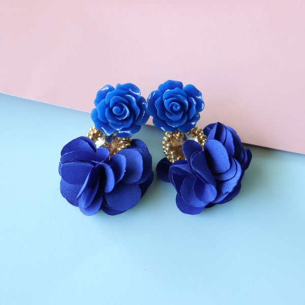 Royal Blue Flower Beaded Crystal Tassel Earrings, Navy Sapphire Indigo Bridesmaid Jewelry, Cobalt Floral Statement Earrings Small Gold Boho