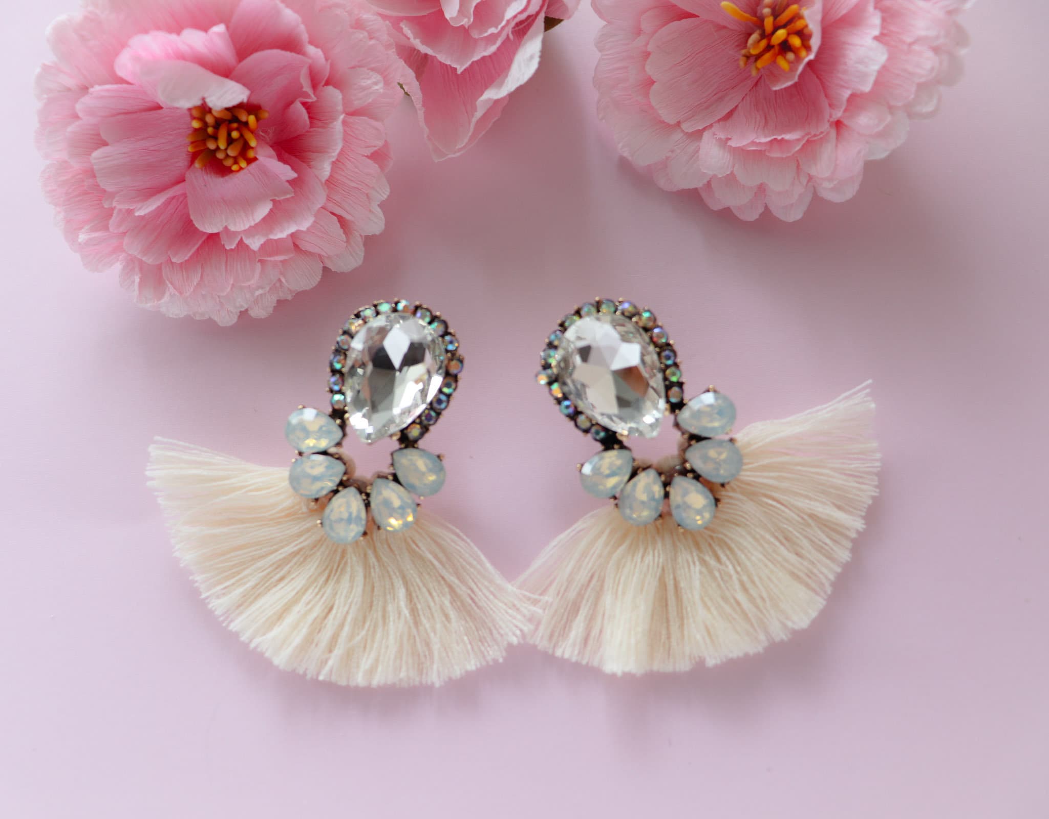 Pink Tassel Earrings, Rhinestone Teardrop Earrings, Tassel Stud Drop