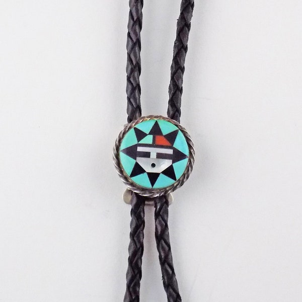 Vintage Zuni Bolo Tie / Round Medallion Sun Face Multi Stone Intarsia Inlay / 925 Silver / Native American Jewelry / Signed M. Shekya