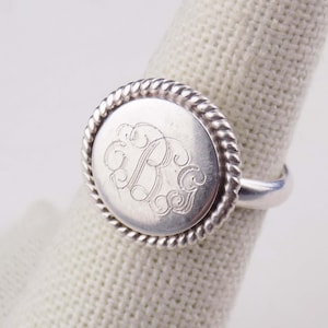 Sterling Silver Round Rope Edge Mono EBG Signet Ring, Size 4.5, Cursive Monogram
