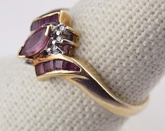 Size 7.25+ 10K Yellow Gold Pink Topaz Natural Diamond Estate Bypass Cocktail Ring Hallmarked 2.4g