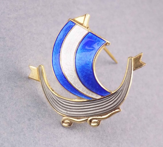 Askel Holmsen Viking Ship Brooch, Sterling Silver, Gold Vermeil, Guilloche Enamel