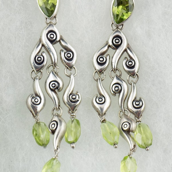 Vintage Peridot Sterling Silver Chandelier Post Earrings 2" Long, Green Gemstones 4.0 Tcw, Graceful, 10.1g