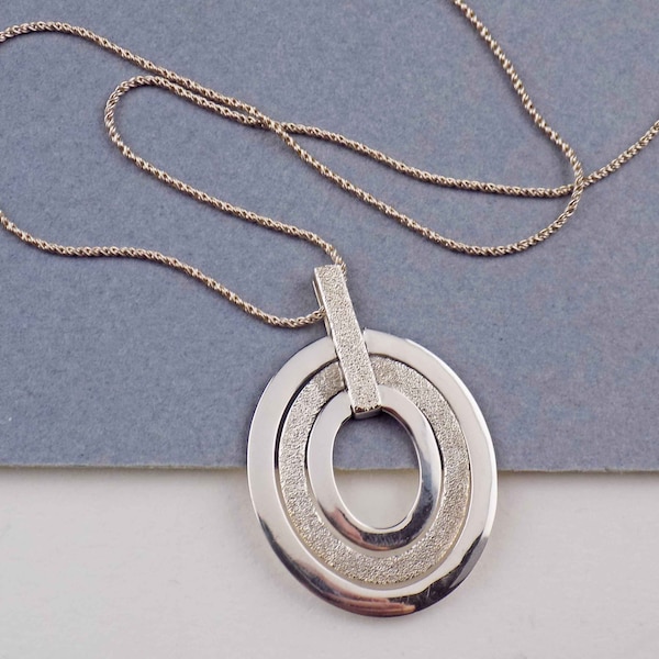 Sterling Triple Ring Ovals Pendant Necklace, Long 24" 925 Chain, Signed LT Thailand, Textured & Polished Silver, Designer Circles 12.6g