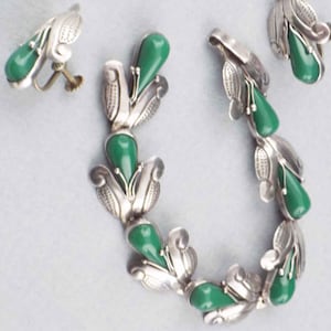 TAXCO 1940s Bracelet & Earrings Set in Sterling Silver, Green Gemstones, Corn Husk Pattern Very Fine Condition 925 Mexico Signed F. Pichardo