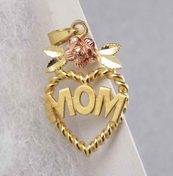 10K Tri Color Solid Gold MOM Small Heart Floral Pendant W/ Natural