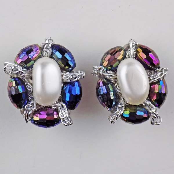 MCM Western Germany Snazzy Clip-On Earrings 1 Inch Iridescent Jewel Tone Faceted Beads Silver Tone Details Large Faux Pearl Aurora Borealis