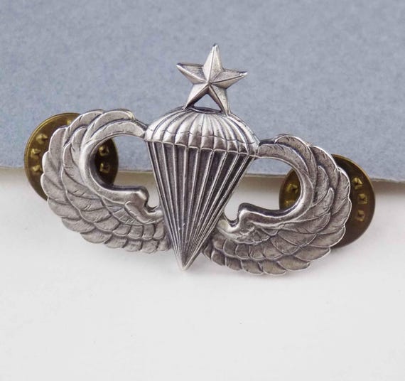 希少美品 1950年代◆アメリカ海兵隊 純銀製/SILVER 襟章/バッジ/徽章 Original Genuine US Army Senior Parachutist Badge Metal Jump Wings