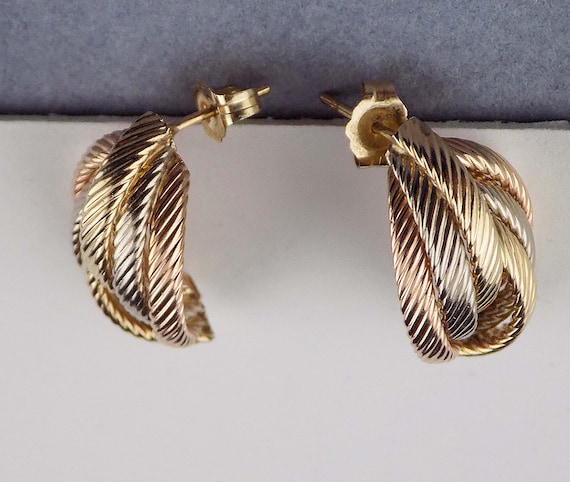 14K Multi Tone Solid Gold Huggie Stud Earrings, T… - image 6