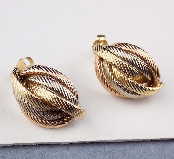 14K Multi Tone Solid Gold Huggie Stud Earrings, T… - image 1