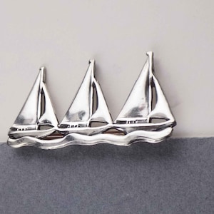 Sterling Sailboats on Waves Brooch / Solid 925 Silver Pin Nautical Jewelry / Sailing Ocean Boating / 1-3/4" Wide 6g