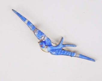 Antique Paye & Baker Bird Brooch *Striped Version* Sterling Silver With Blue Guilloche Enamel and Light Gold Wash, Flying Swallow Pin Signed