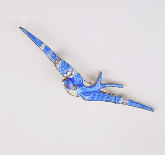 Antique Paye & Baker Bird Brooch *Striped Version* Sterling Silver With Blue Guilloche Enamel and Light Gold Wash, Flying Swallow Pin Signed