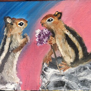 Cute squirrel couple oil painting on canvas panel 5”/7” , original oilpainting, Homedecor