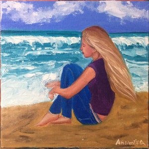 Girl sitting beside ocean beach oil painting on canvas 10&quot;/10&quot;, ocean painting , sea beach art, home decor, nature art, sea shore art