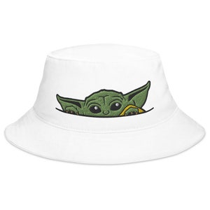 Baby Yoda Bucket Hat I Big Accessories BX003Star Wars Embroidery in USA-Grogu Hat Gift For Her Unisex Hat Cool Cap Mandalorian Fans Choice White