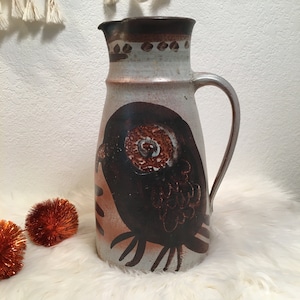 Large Pacific Stoneware vintage ceramic pitcher / mid century style / studio pottery / 1970s / birds