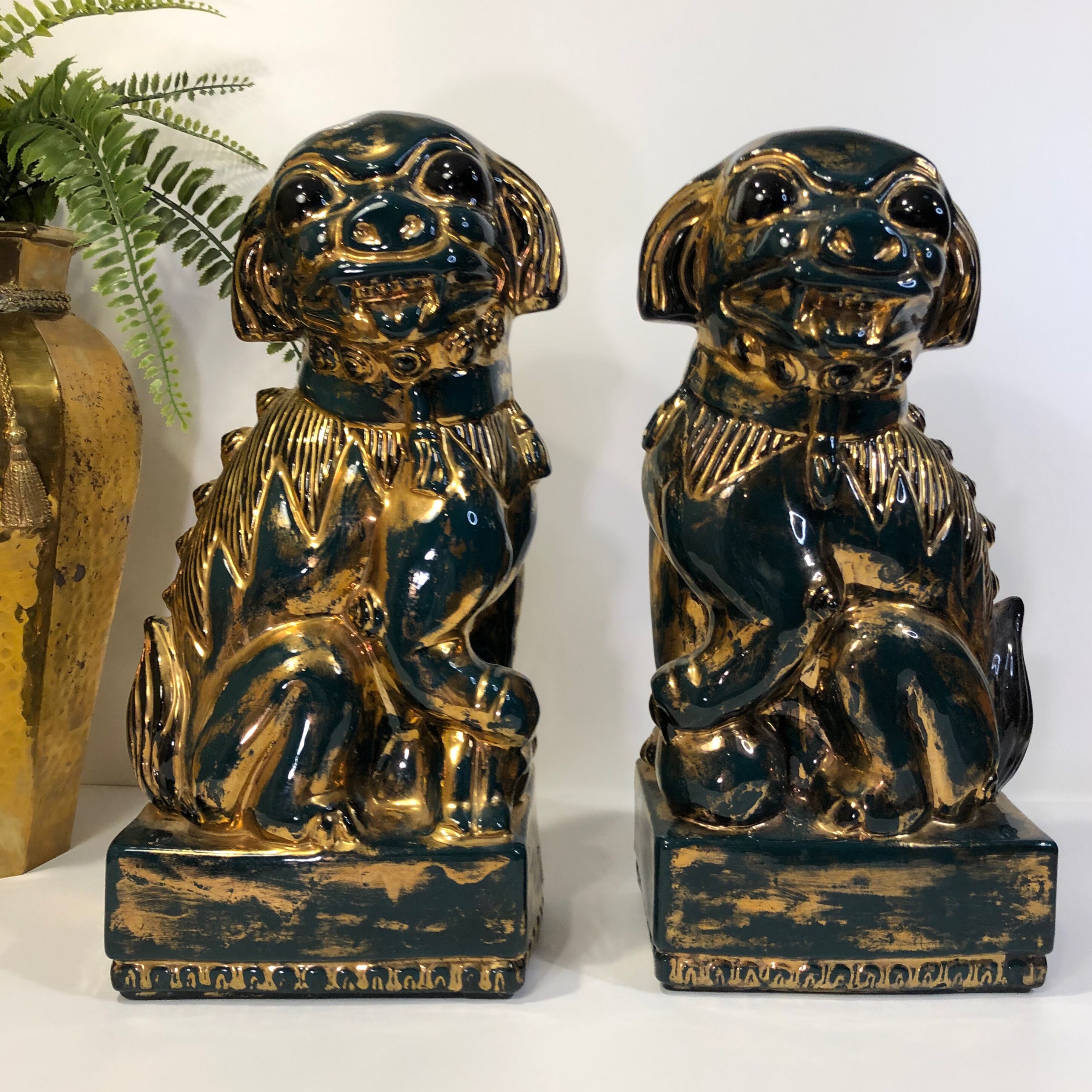 Large Pair of vintage ceramic Foo Dog statues / Green Gold Etsy