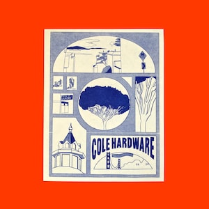 May include: A blue and white illustration of a storefront with the text "COLE HARDWARE" and a depiction of the Golden Gate Bridge. The illustration includes a tree, a building, and a street sign.