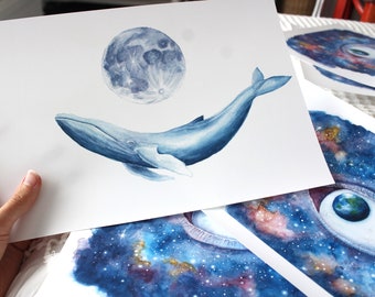 Moon Whale watercolour print