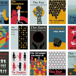 May include: A collection of 15 digital art prints with dark themes. Each print features a unique design with text, including phrases like "The Web," "The Desolation," and "The End." The color palette includes black, red, yellow, and blue.