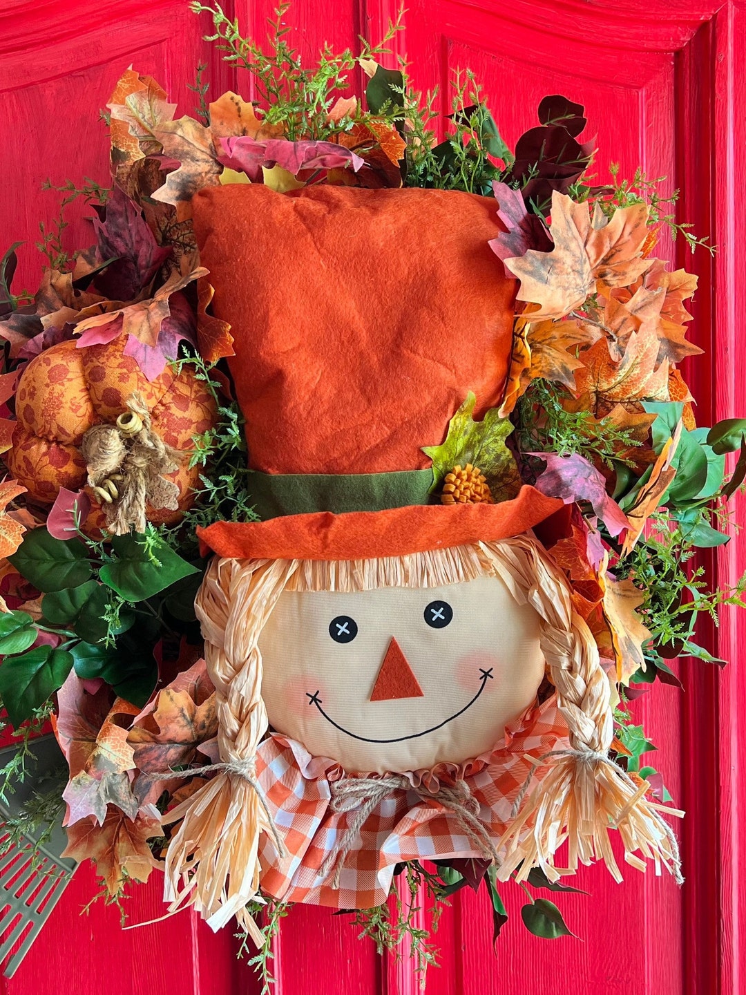 Scarecrow Fall Leaves Rake Wreath, Scarecrow Front Door Wreath, Pumpkin ...