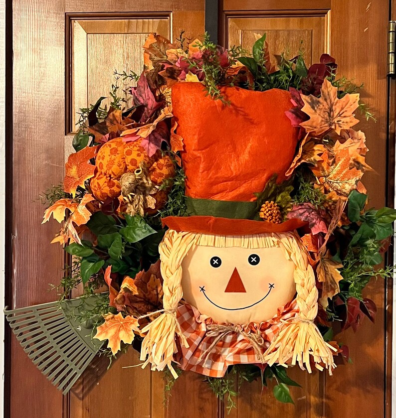 Scarecrow Fall Leaves Rake Wreath, Scarecrow Front Door Wreath, Pumpkin ...