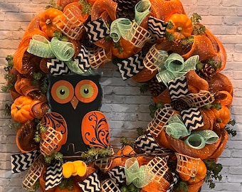 Fall Owl Thanksgiving WreathExtra Large, Orange and Black Fall Wreath, Fall Mantel Decor, Seasonal Wreath, Owl on a Branch Decor