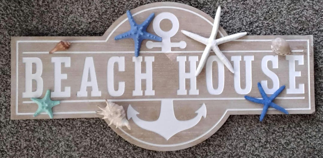 Beach House Sign With Star Fish and Sea Shells, Beach House Wall Decor ...