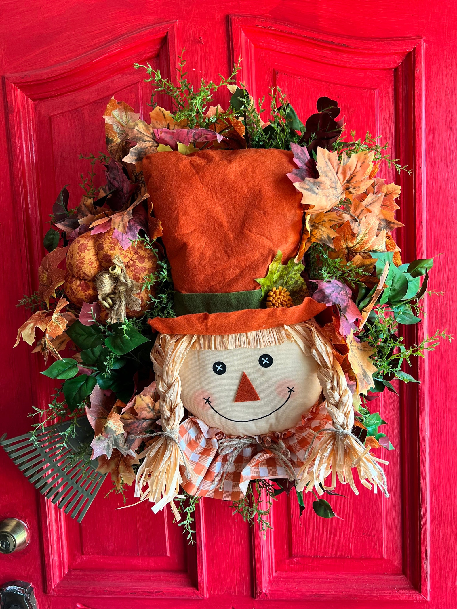 Scarecrow Fall Leaves Rake Wreath, Scarecrow Front Door Wreath, Pumpkin ...