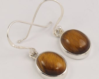 Boucles d'oreilles naturelles oeil de tigre, Boucles d'oreilles pendantes avec pierres précieuses, Boucles d'oreilles en fil d'oreille faits main, Boucles d'oreilles lunette, Boucles d'oreilles cabochon, Cadeau de Noël