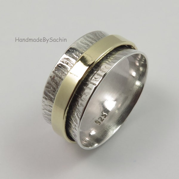 Solid 925 Sterling Silver & Golden Brass TWO TONE Hammered Spinner 9mm Band Meditation Ring For Men women All US Size