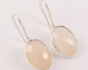Chalcedony Earrings, Pink Chalcedony Jewelry, 10x14mm Oval Gemstone Earrings, Silver Dangle Earrings, 925 Solid Dangle Earring, Gift For Her