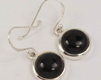 Schwarzer Onyx Ohrringe, Runder Natürlicher Edelstein Sterling Silber Ohrring, 925 Sterling Silber Schmuck, Geschenk für Sie